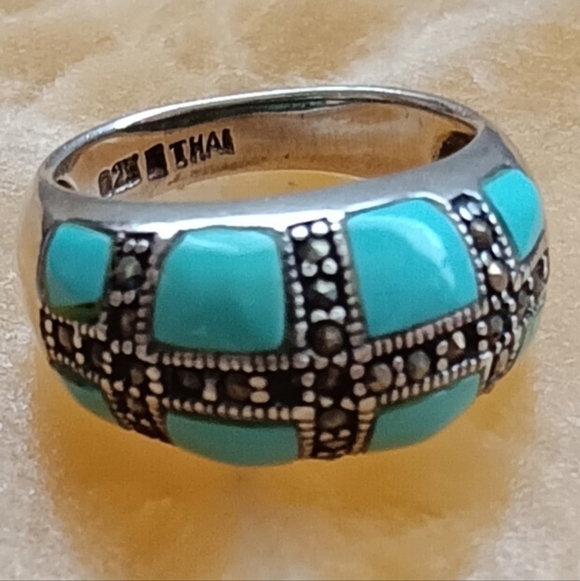 925 Thai Silver Marcasite Turquoise Ring - Picture 8 of 11